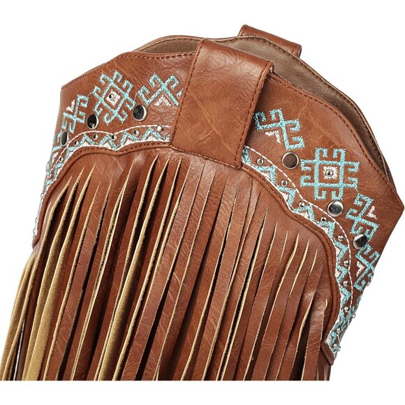 ⚡Women's Brown Snip Toe Cowgirl Mid Calf Boots With Rivets Pull On Chunky Heel - Picture 4 of 6